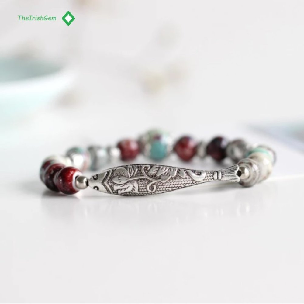 Handmade Tibetan Lucky Fish Ceramic Bead Bracelet